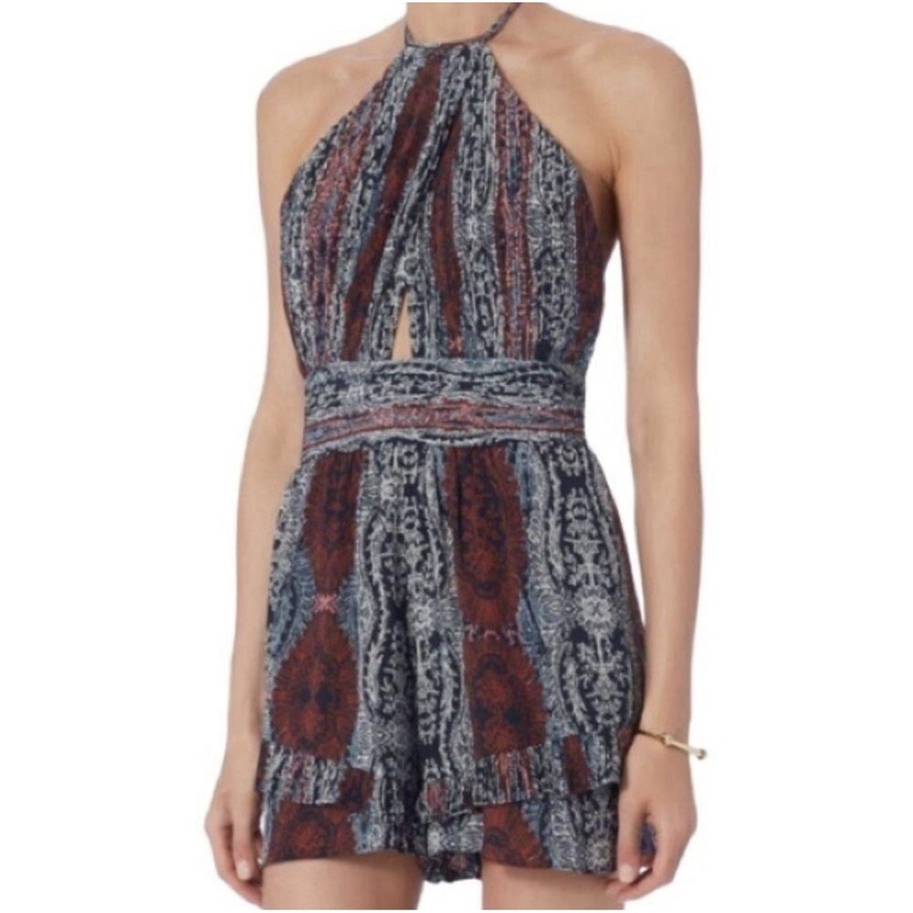 Intermix Paisley Print 100% Silk Romper Open Back Boho Chic Resort Wear Large